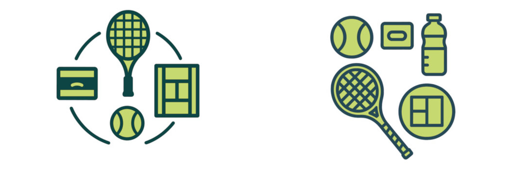 Tennis equipment and accessories arranged around a central racquet, showcasing a variety of related items for the sport