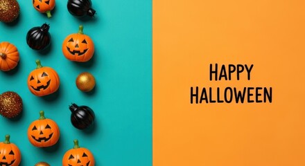 Festive halloween flat lay featuring pumpkins black ornaments and gold glitter balls against a split teal and orange background with the words happy halloween displayed