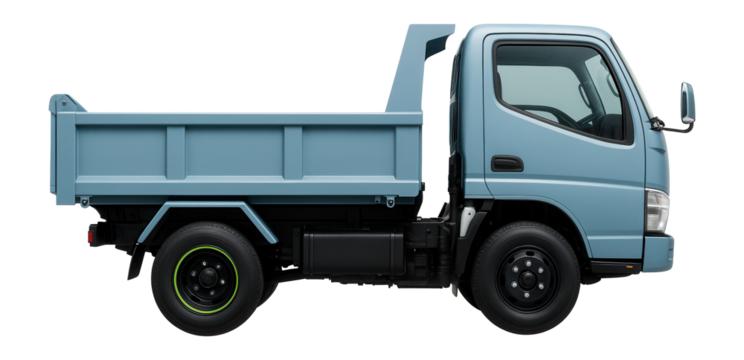 Light blue urban dump truck with a compact chassis and streamlined cabin design
