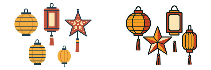 Assortment of traditional Asian lanterns and decorative star ornaments with tassels for cultural celebrations
