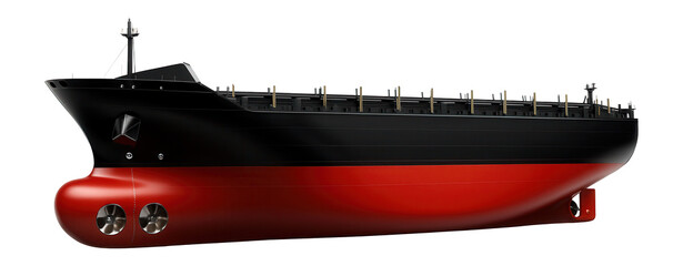Container ship with a red and black hull and prominent bow thrusters