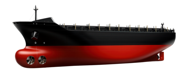 Container ship with a red and black hull and prominent bow thrusters