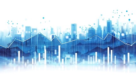 An abstract cityscape skyline overlaid with dynamic blue graphs and charts, suggesting economic growth or market trends