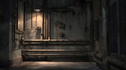 Grungy Industrial Alleyway with Exposed Pipes and Grated Window plumbing grunge