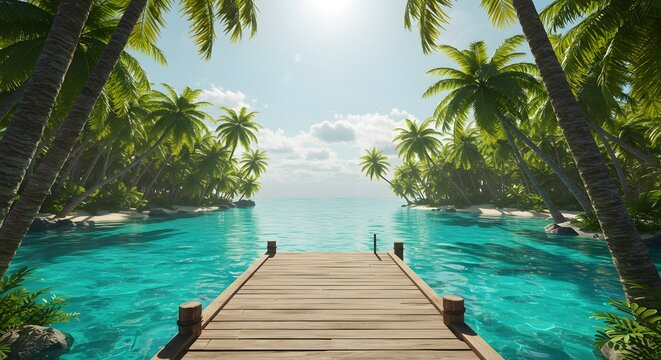 Tropical scene wooden pier extending into turquoise water framed by palm trees under a sunny sky
