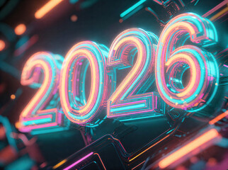 Futuristic 3D Neon 2026 Numbers with Cyan and Pink Glow on Dark Background
