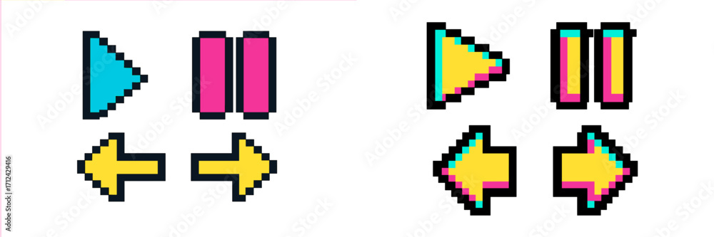 Poster colorful pixel-style play and rewind buttons in vibrant shades arranged in two sections on a clean b