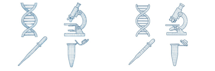 Molecular biology tools and structures, showcasing DNA, microscopes, and pipettes in detailed sketches