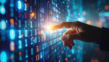 A hand interacting with floating binary code, symbolizing digital technology, data transfer, and the intersection of human and artificial intelligence in a futuristic tech environment
