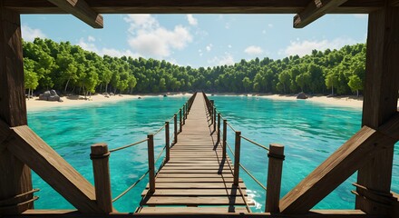 Obraz premium Wooden pier extends across clear turquoise water toward a lush green tropical shoreline under a bright sky