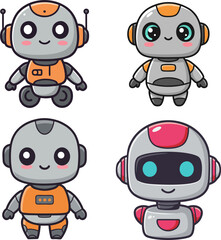 A delightful collection of cute cartoon robot characters. Set of four friendly android mascots with kawaii expressions for technology and AI concepts