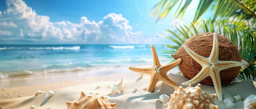 Starfish and coconut on a tropical beach.