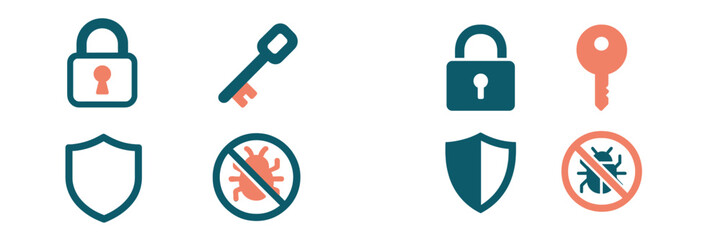 Icons representing security, protection, and safety measures in a digital context, showcasing locks, keys, and shields