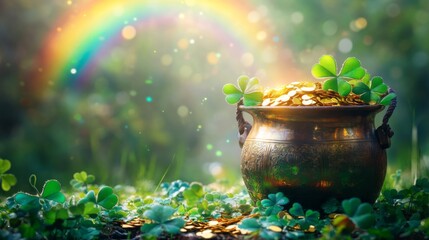 A pot of gold nestled amongst shamrocks under a rainbow