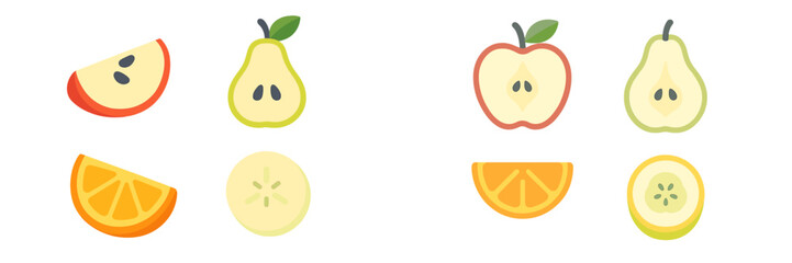 Colorful fruit illustrations featuring slices of apple, pear, orange, and banana on a clean white background