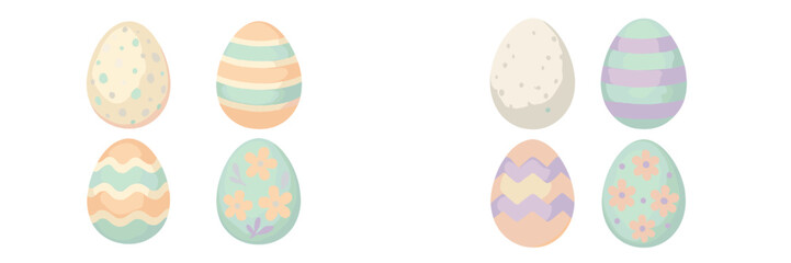 Assortment of pastel colored decorated Easter eggs featuring various patterns and designs for spring holiday celebration