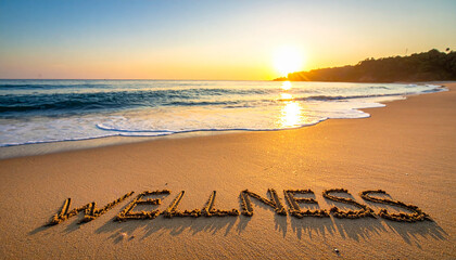 The word WELLNESS written in sand on a tranquil beach at sunrise