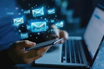 Person using smartphone and laptop, glowing email icons emerge from the phone, suggesting digital communication and email management