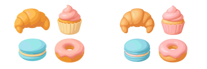 Variety of delicious sweet pastries and baked goods including croissants, cupcakes, macarons, and donuts on display