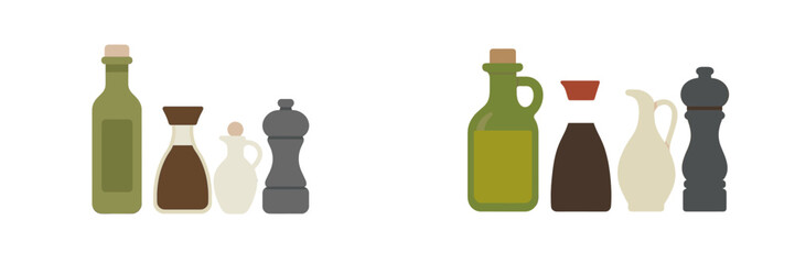 Variety of glass bottles and containers arranged on a flat surface for kitchen decor or food storage