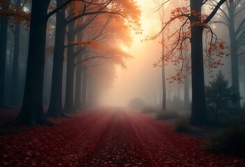 Mystical autumn forest path bathed in golden misty sunlight, carpeted with vibrant red leaves.