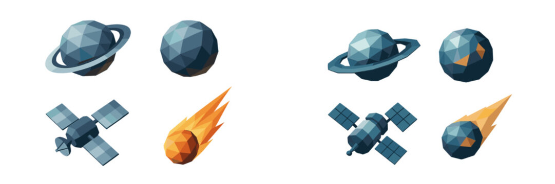 Set of stylized low poly geometric space objects featuring planets, satellites, and a fiery comet on a clean white background