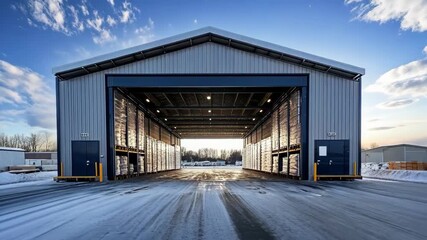 Large industrial warehouse with open door and goods stacked inside on a winter day. - Powered by Adobe