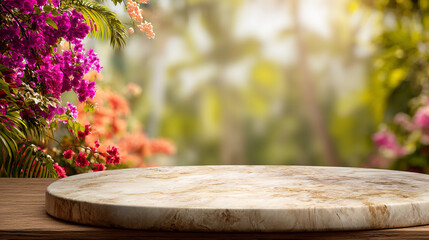 Marble tabletop with flowers and foliage in the background for product presentation or display