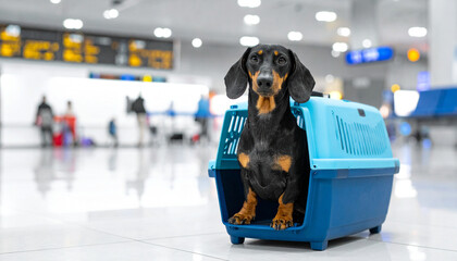 The Dachshund in a Blue Travel Carrier Waiting at a Busy Airport Terminal
