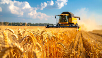 Naklejka premium The Wheat Field Featuring Golden Ears and Blurred Combine Harvester Under Blue Sky 