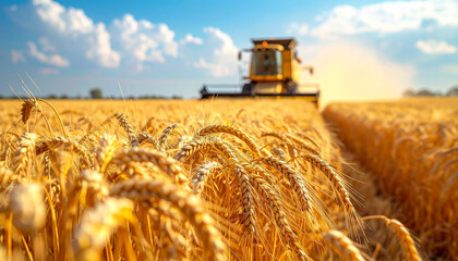 The Wheat Field Featuring Golden Ears and Blurred Combine Harvester Under Blue Sky
