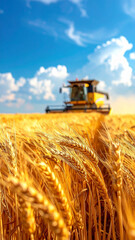 Fototapeta premium The Wheat Field Featuring Golden Ears and Blurred Combine Harvester Under Blue Sky 