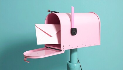 A pink mailbox with its door open reveals a white envelope—mounted on a cylindrical stand against a turquoise backdrop, evoking playful contrast, modern nostalgia, and symbolic communication.