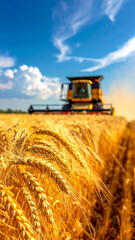The Wheat Field Featuring Golden Ears and Blurred Combine Harvester Under Blue Sky
