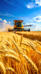 The Wheat Field Featuring Golden Ears and Blurred Combine Harvester Under Blue Sky
