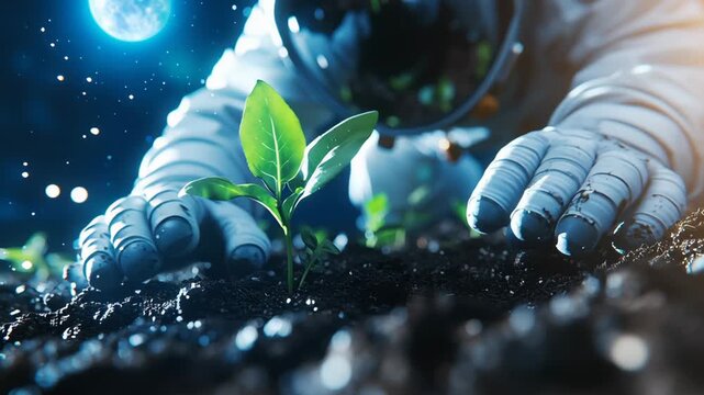 Astronaut in white suit planting a small green sprout in dark soil under cosmic light, symbolizing new life, space farming, and interplanetary sustainability
