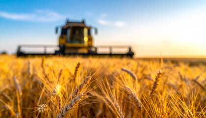 Fototapeta premium The Wheat Field Featuring Golden Ears and Blurred Combine Harvester Under Blue Sky 