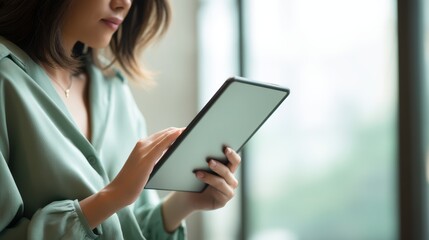 Woman in a teal blouse browsing a digital tablet with a blurred background, possibly working or enjoying leisure time, cute office girl holding a blank tablet