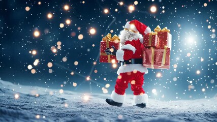 Santa Claus walking across a snowy alien-like landscape carrying stacked red presents, with stars and sparkles creating a magical holiday space fantasy
- Powered by Adobe