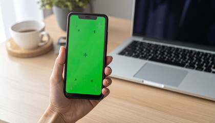 Close up of woman looking at telephone with green screen and chroma key. Adult holding mobile phone with isolated mockup template and background, using chroma-key on telephone display