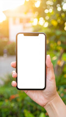 The Smartphone Held in Hand with Blank Screen in Sunny Suburban Garden