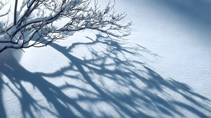 Snow covered tree branches casting long shadows on a bright snowy field winter