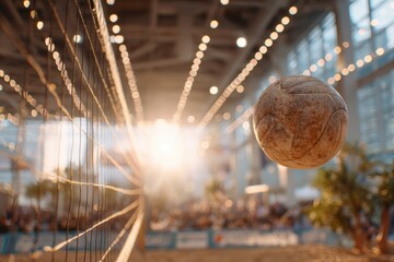 Beach volleyball in action with a close-up view of a ball flying over the net in a sunlit indoor arena, filled with spectators and festive decorations