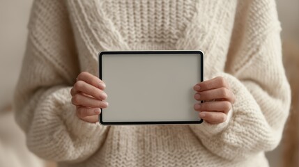 An office girl in a knitted beige cardigan holds a blank white tablet, presenting it to the viewer. Focus on hands and device, cute office girl holding a blank tablet