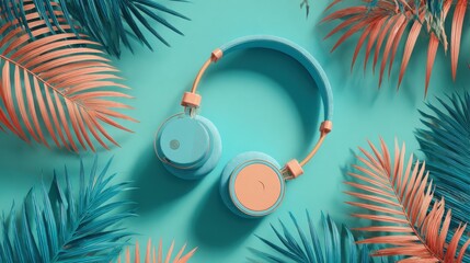 Bright Summer Composition with Blue Headphones and Palm Leaves on Dual-Tone Background – Creative Flat Lay for Music, Travel, Lifestyle, Tech Accessories and Vacation-Themed Concepts.
