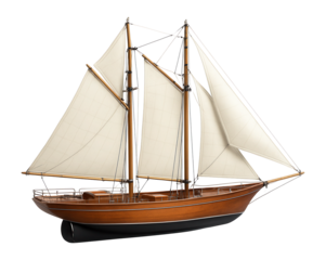 Schooner with multiple sails and a robust wooden hull construction