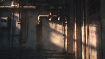 Rusty industrial pipes and textured wall with dramatic sunlight and shadows plumbing metal