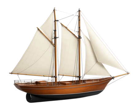 Schooner with multiple sails and a robust wooden hull construction