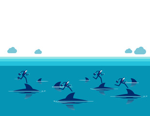 Financial risk. Successful business people running on top of sharks in the danger sea water.