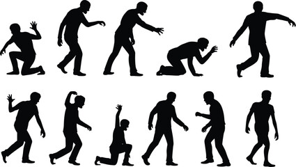Zombie silhouette poses, walking undead, horror movement, creepy character, Halloween design, scary animation, black figure, eerie motion, vector illustration, spooky